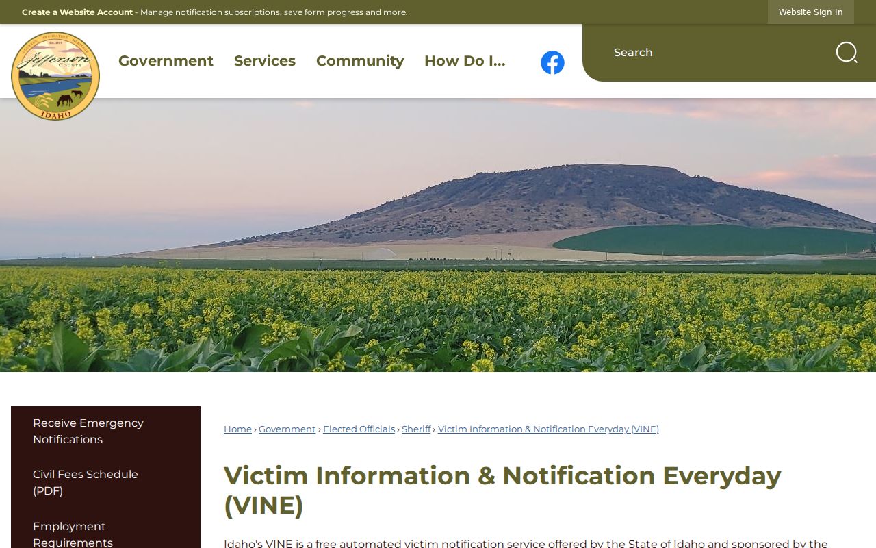 Jefferson County arrest history Idaho VINE notification instructions