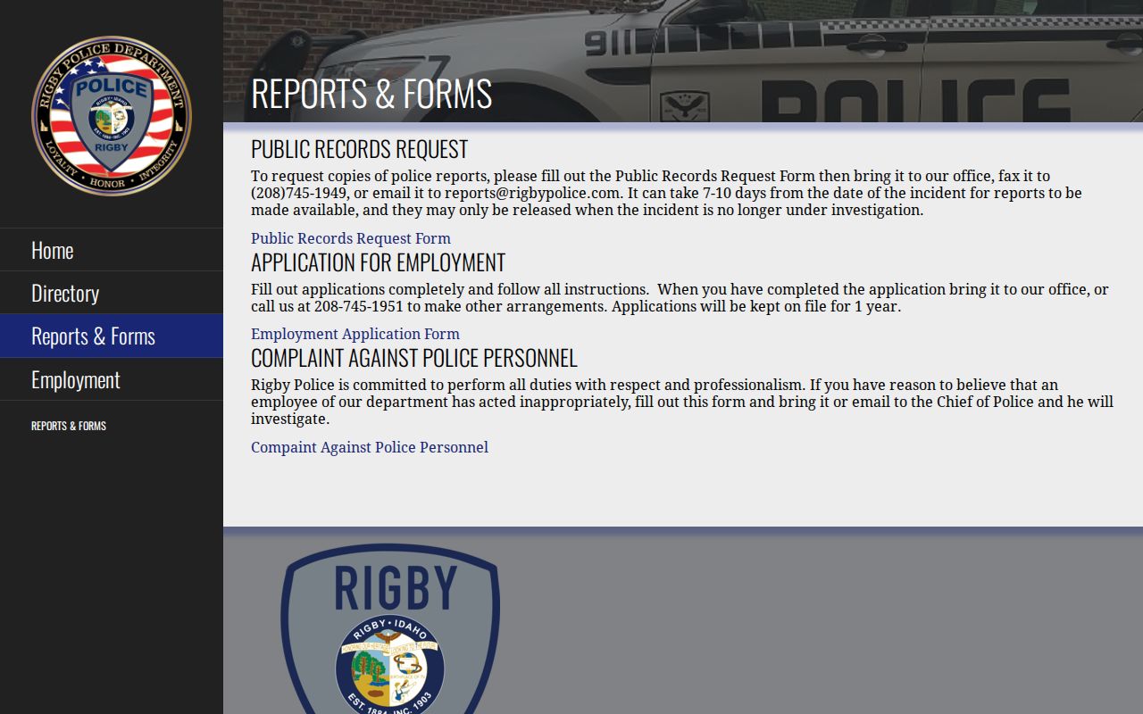 Rigby criminal history police report request page
